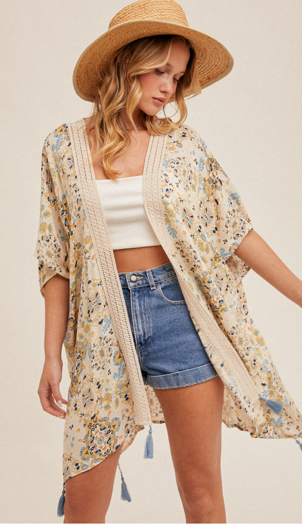 Mosaic Crochet Trim Kimono- Taupe