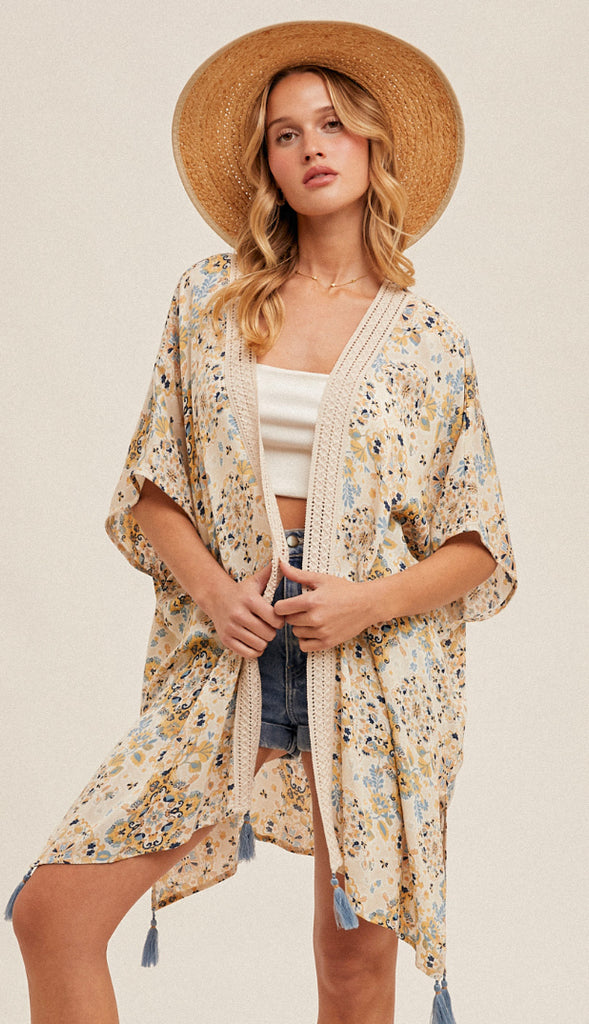 Mosaic Crochet Trim Kimono- Taupe