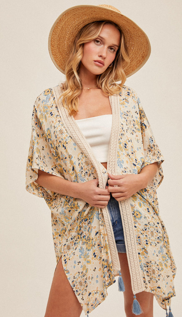 Mosaic Crochet Trim Kimono- Taupe
