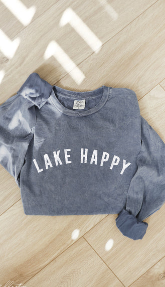 Lake Happy Mineral Washed Long Sleeve Tee- Storm Blue