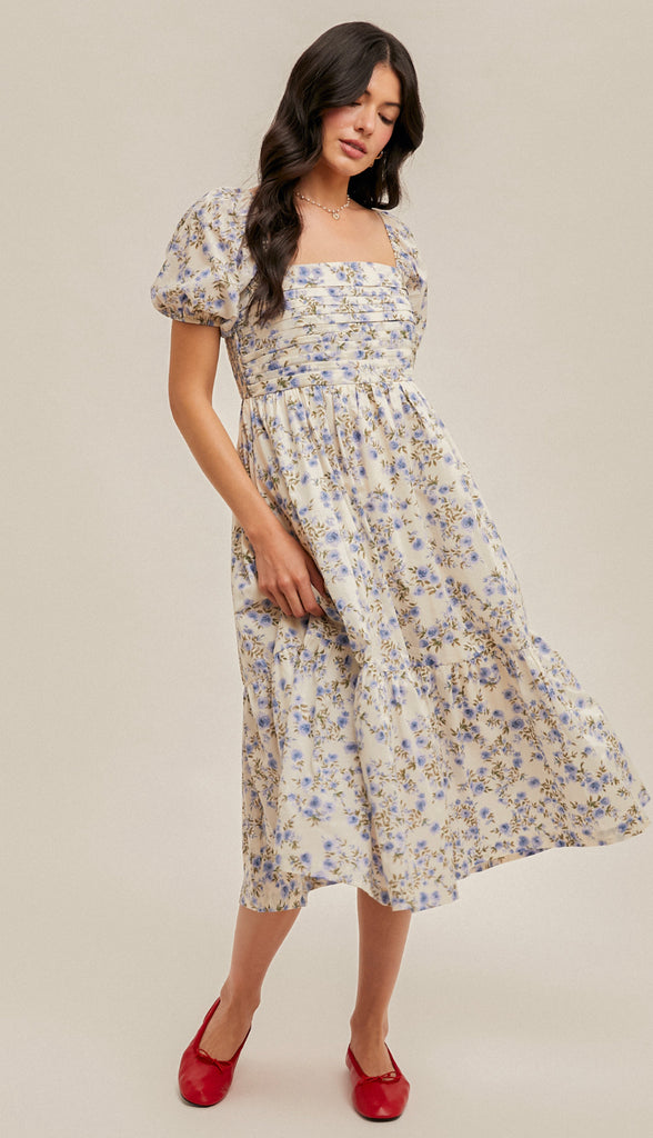 Living In A Dream Bubble Sleeve Floral Midi Dress- Cream/Lavender