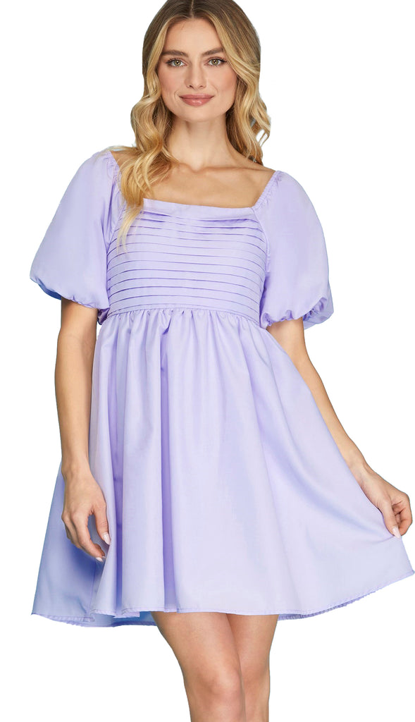 Lively Bubble Sleeve Square Front Dress- Lavender