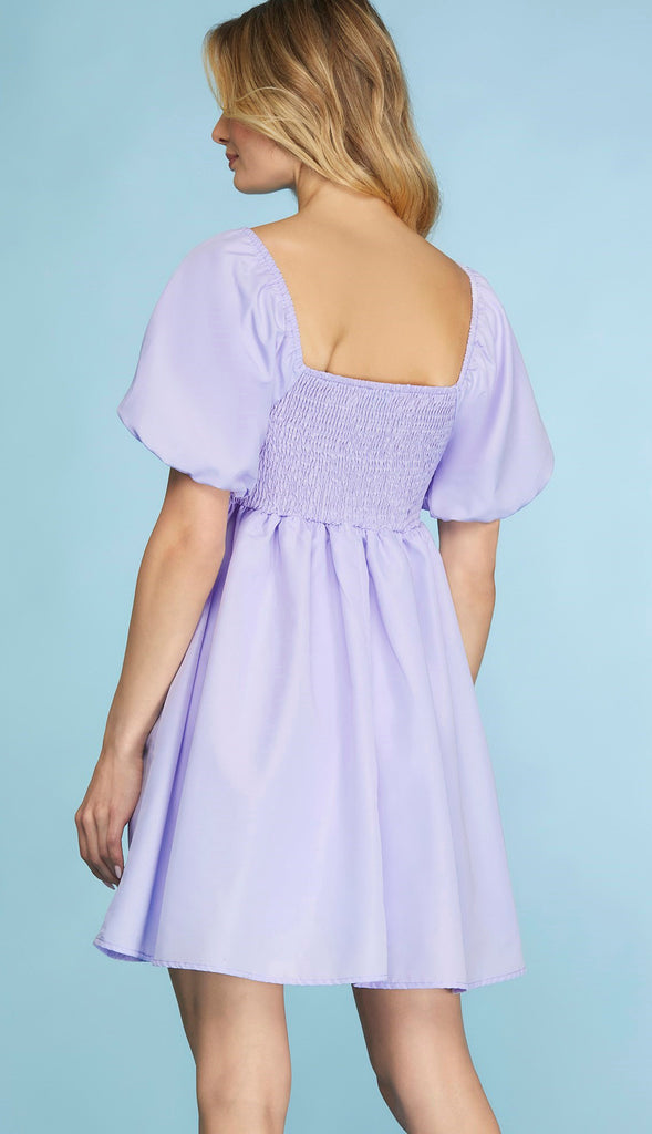 Lively Bubble Sleeve Square Front Dress- Lavender