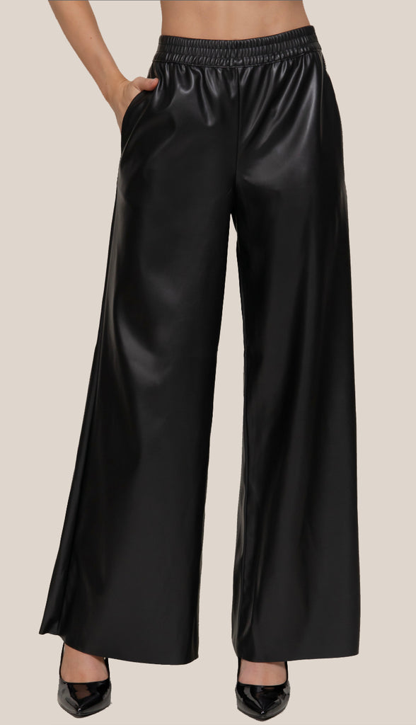 Pheonix Straight Faux Leather Long Pants- Black