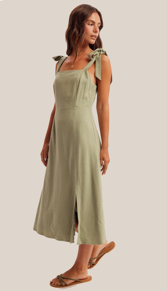 Lyla Linen Tie Strap Midi Dress- Cactus Green