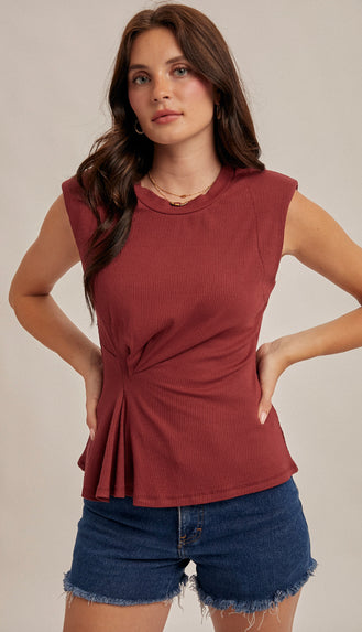 Stacie Rib Asymmetrical Pleat Top- Merlot