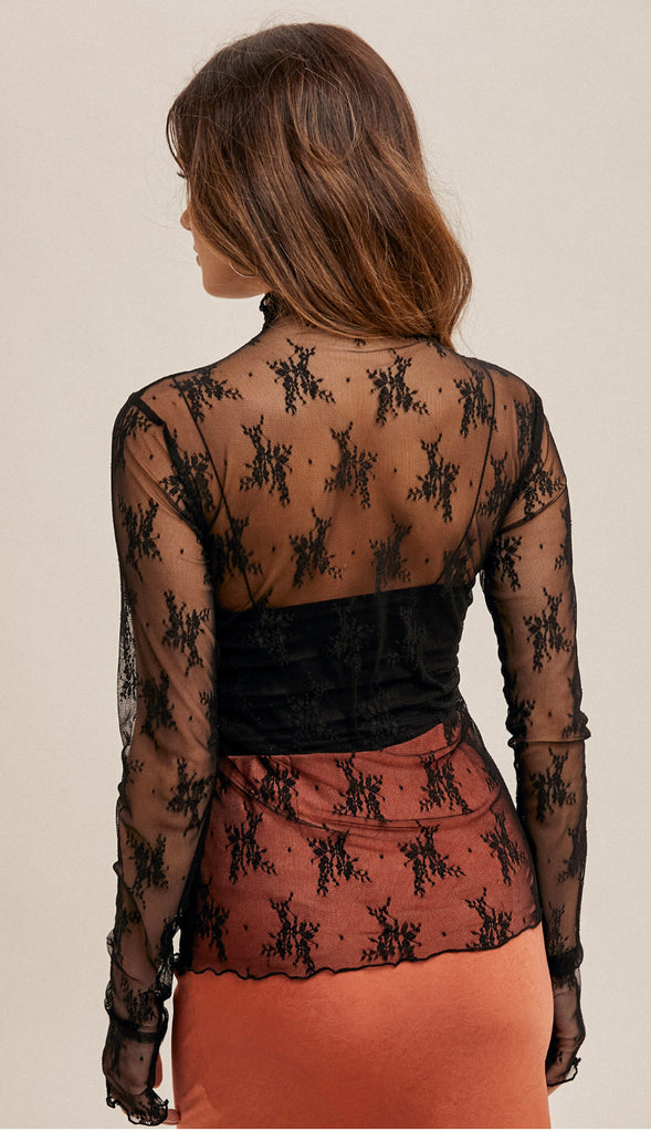 Get After It Mock Neck Lace Mesh Top- Brick