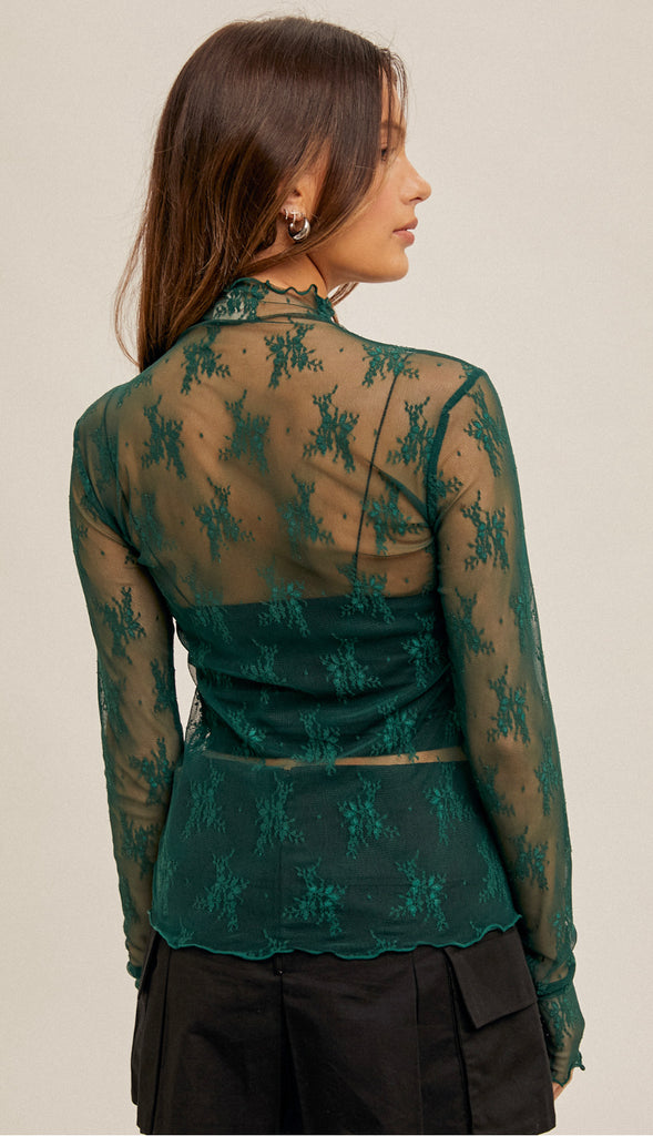 Get After It Mock Neck Lace Mesh Top- Pine