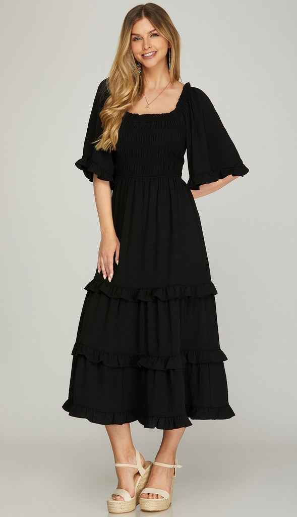 Bethany Bell Sleeve Square Neck Midi Dress- Black