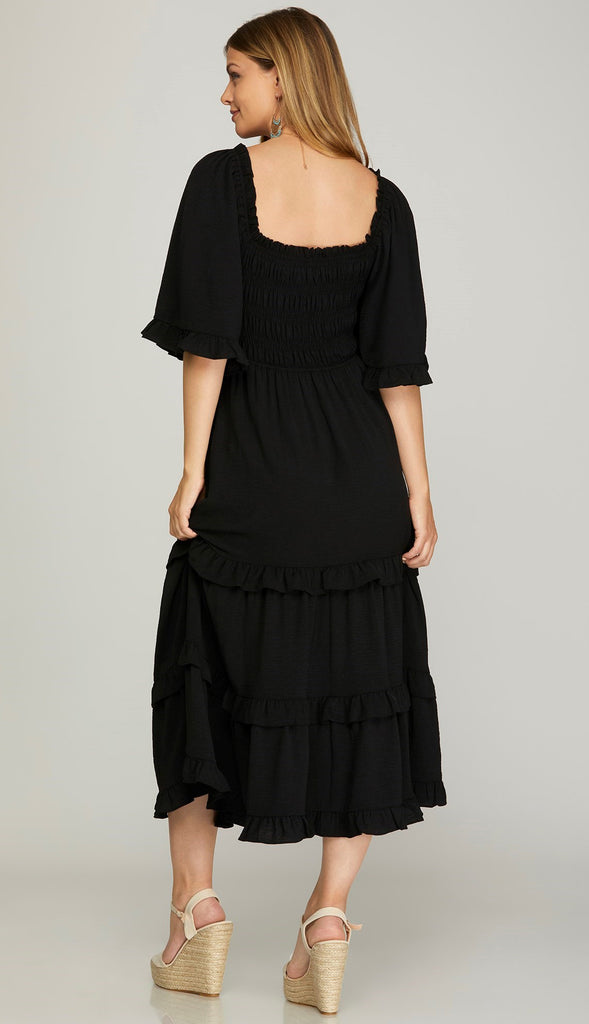 Bethany Bell Sleeve Square Neck Midi Dress- Black