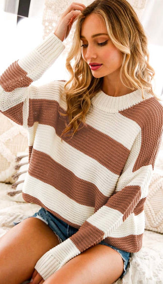 Clara Chunky Knit Stripe Sweater- Mocha