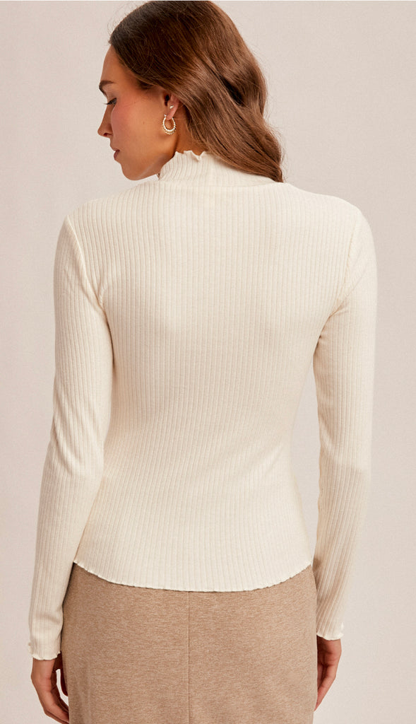 Tala Lettuce Edge Mock Neck Ribbed Top- Ivory
