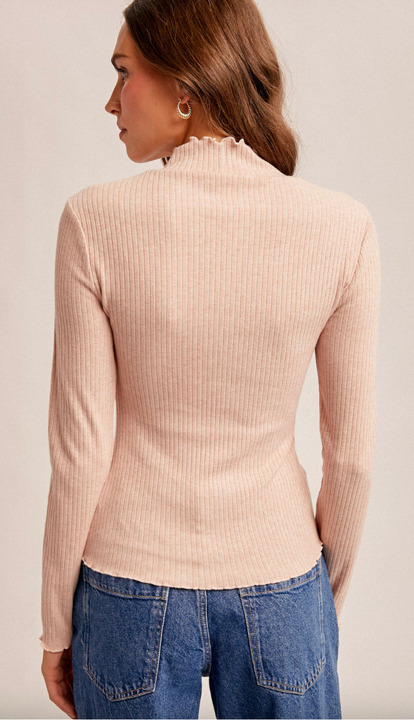 Tala Lettuce Edge Mock Neck Ribbed Top- Mocha Melange