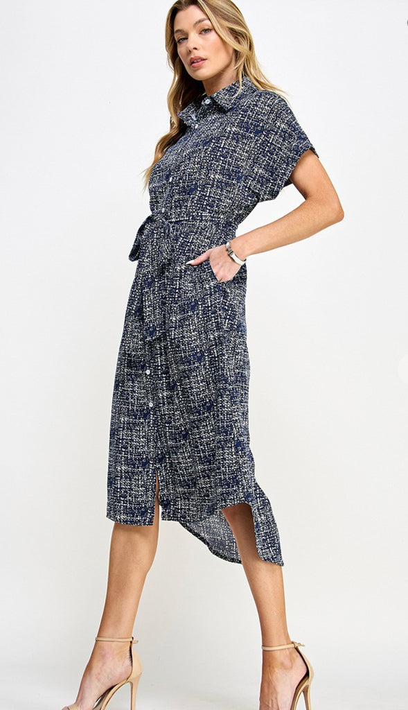 Nila Button Down Tie Waist Cap Sleeve Midi Dress- Navy