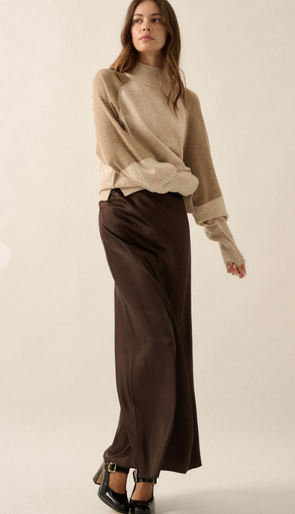 Heather Mock Neck Two Tone Sweater- Oatmeal
