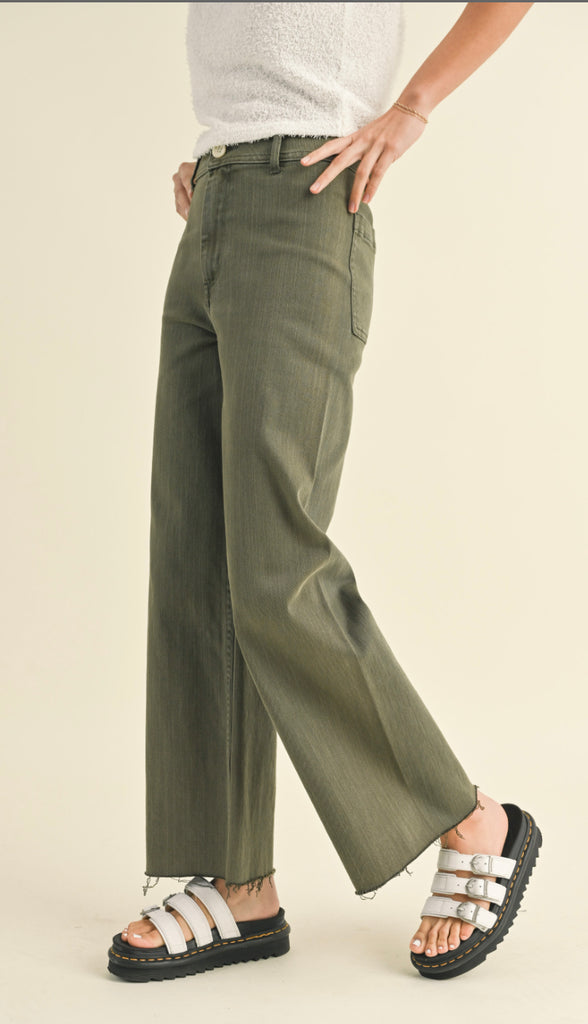 Miou Muse Straight Wide Leg Denim Pants- Faded Olive