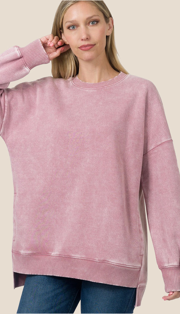 Coziest Ever Acid Wash Sweatshirt- Ash Mocha