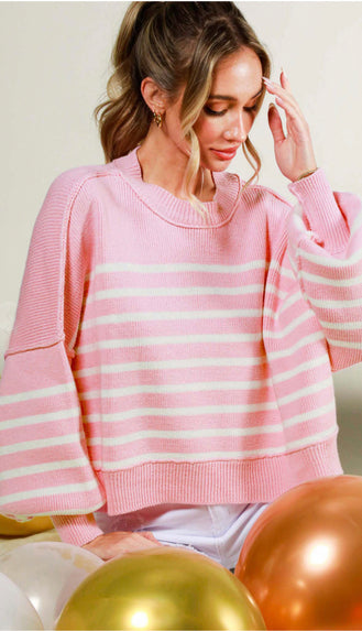 Take A Moment Stripe Balloon Sleeve Sweater- Pink