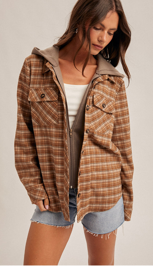Colorado Boulders Button Down Hoodie Plaid- Caramel