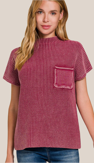Scarlett Washed Mock Neck Pocket Sweater- Cabernet