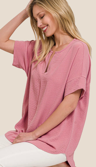 Split Neck Short Sleeve Oversized Top- Rose