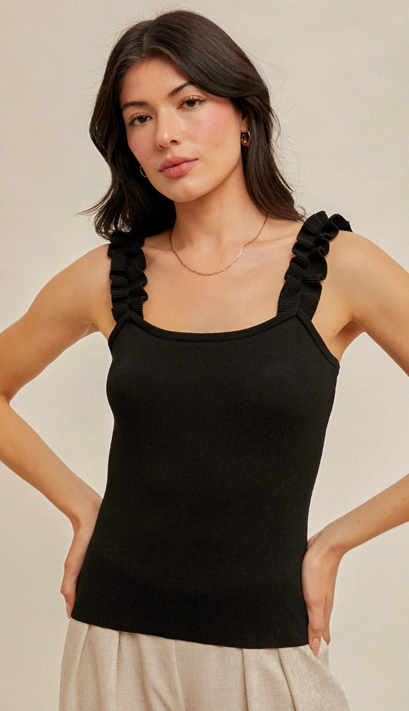 Salige Ruffle Strap Sweater Tank- Black