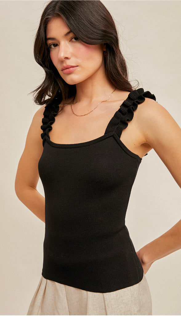 Salige Ruffle Strap Sweater Tank- Black