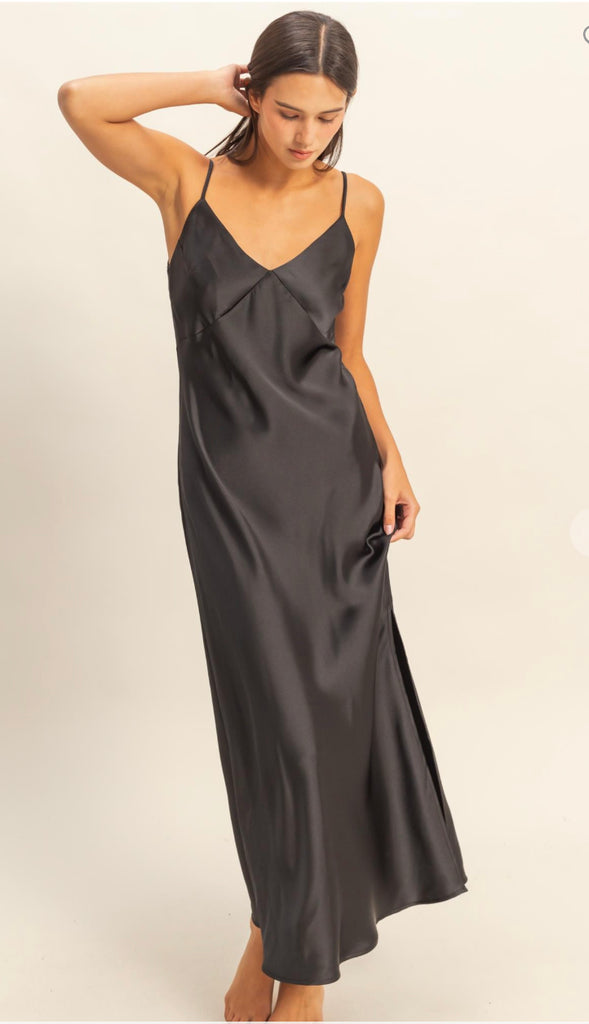 Harper Satin Midi Dress- Black