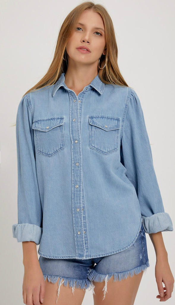 Risen Shirring Sleeve Denim Shirt- Light Wash