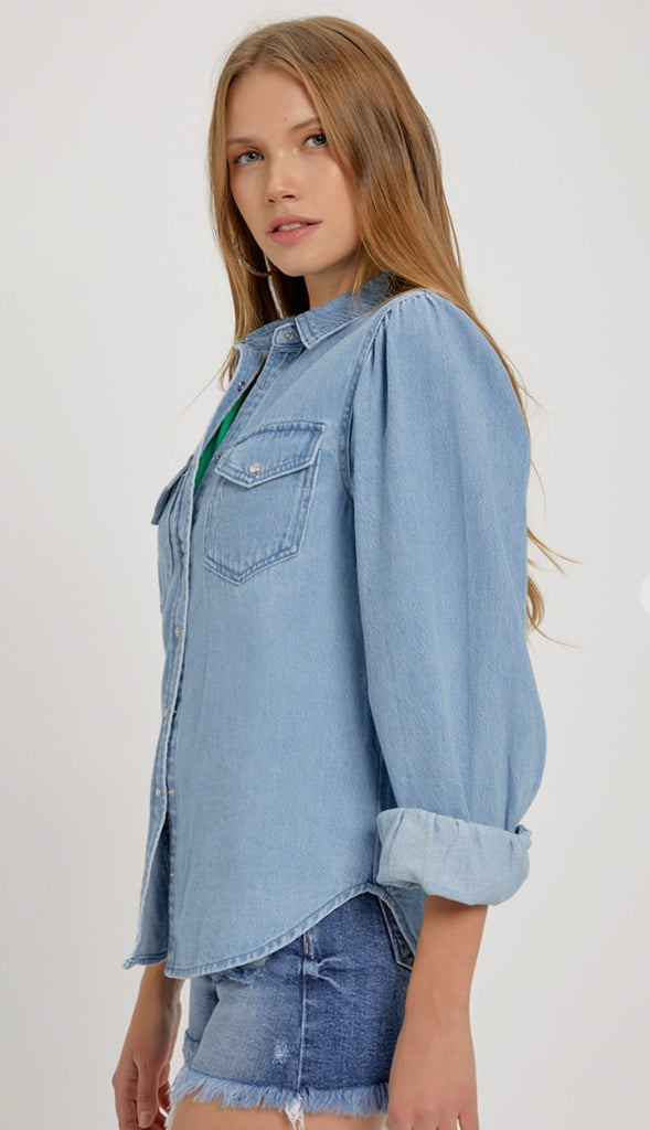 Risen Shirring Sleeve Denim Shirt- Light Wash