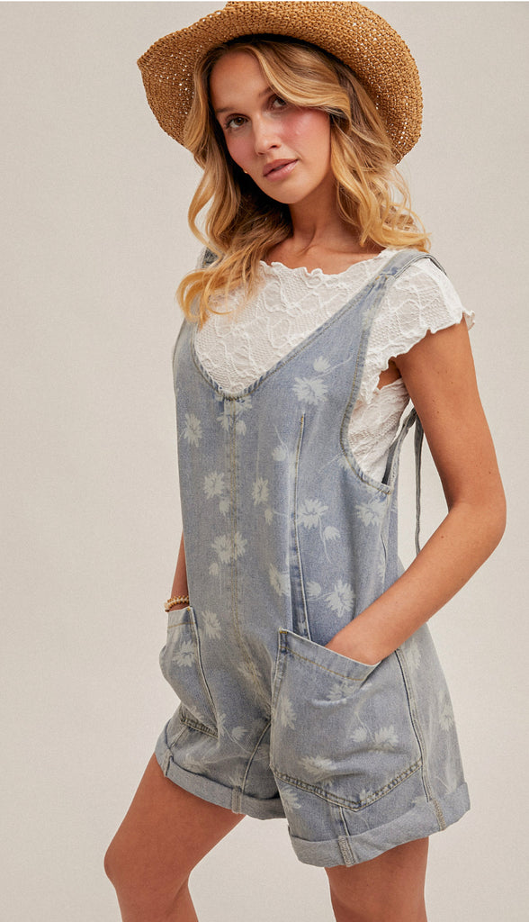 Courtney Floral Denim Shortall- Light Wash