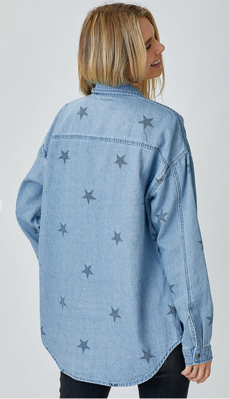 Oversized Star Denim Shirt Jacket- Light Wash
