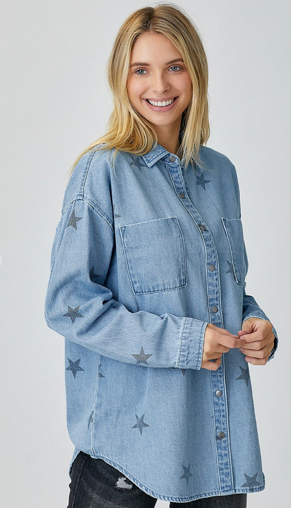 Star Of The Show Oversized Denim Shirt- Ice Blue