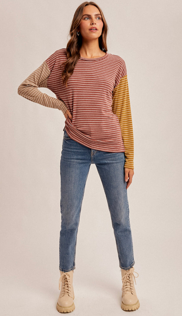 Harvest Comfort Striped Color Block Knit Top- Burgundy/Taupe
