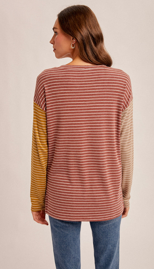 Harvest Comfort Striped Color Block Knit Top- Burgundy/Taupe