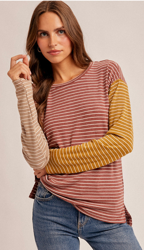 Harvest Comfort Striped Color Block Knit Top- Burgundy/Taupe