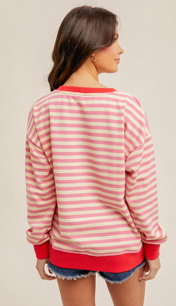 Free People Dupe Stripe Oversized Sweatshirt- Cotton Candy Pink