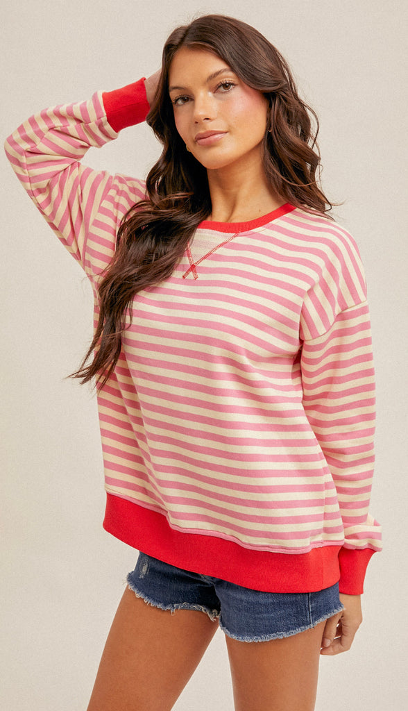 Free People Dupe Stripe Oversized Sweatshirt- Cotton Candy Pink