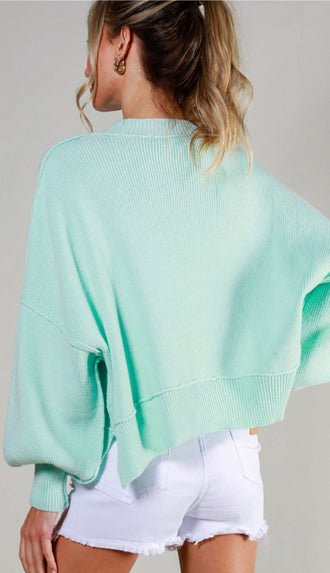 Take A Moment Balloon Sleeve Sweater- Mint