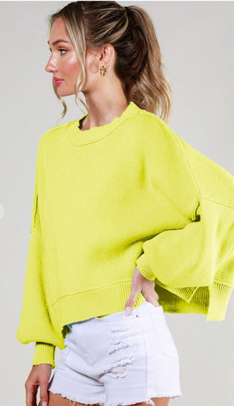 Take A Moment Balloon Sleeve Sweater- Neon Yellow