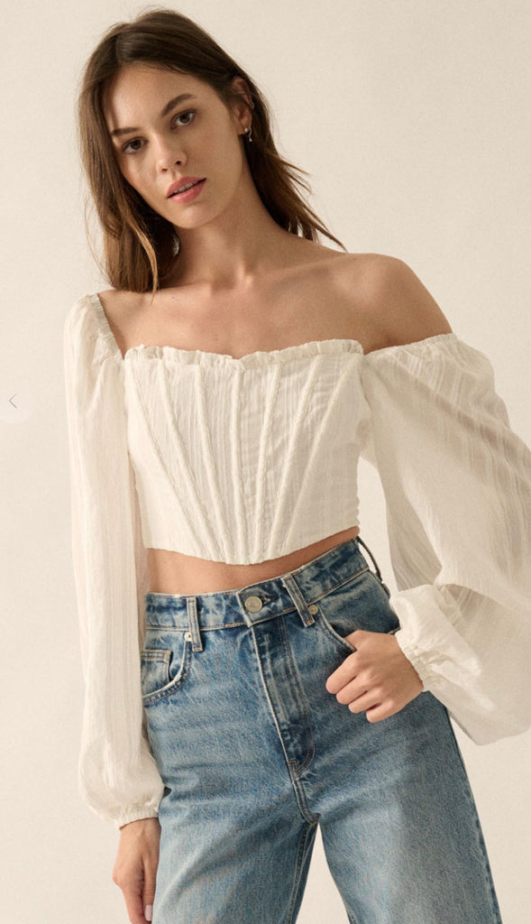 Ariel Textured Crop Corset Top- Off White