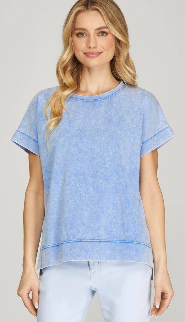 Nora Crewneck Cotton Top- Misty Blue