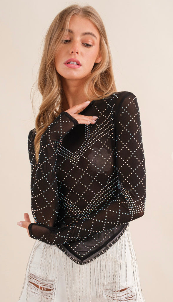 Broadway Girls Stretch Mesh Rhinestone Fringe Top- Black