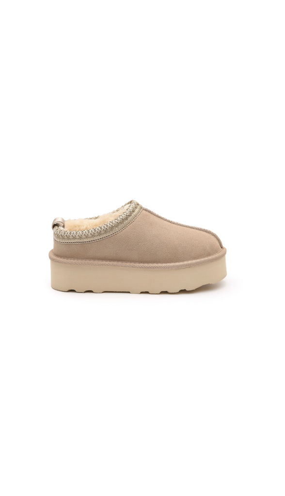 Fur Lined Platform Slipper Boots- Sandstone