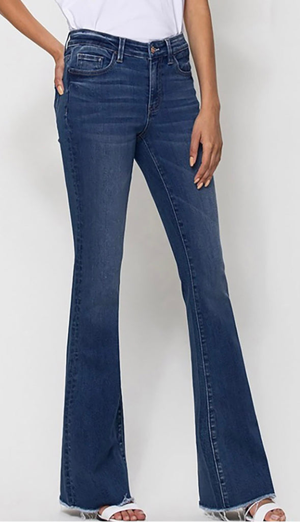 Vervet Witty Mid Rise Raw Hem Flare- Dk Wash
