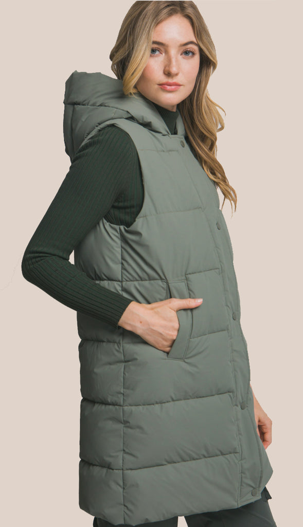 Bringing Warmth Hooded Long Quilted Puffer Vest- Olive