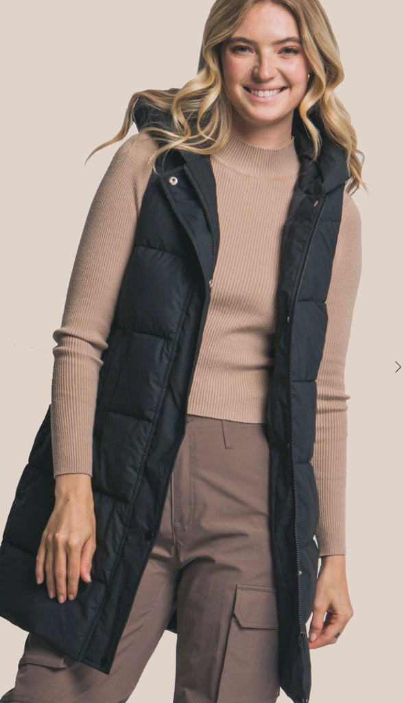Bringing Warmth Hooded Long Quilted Puffer Vest- Olive