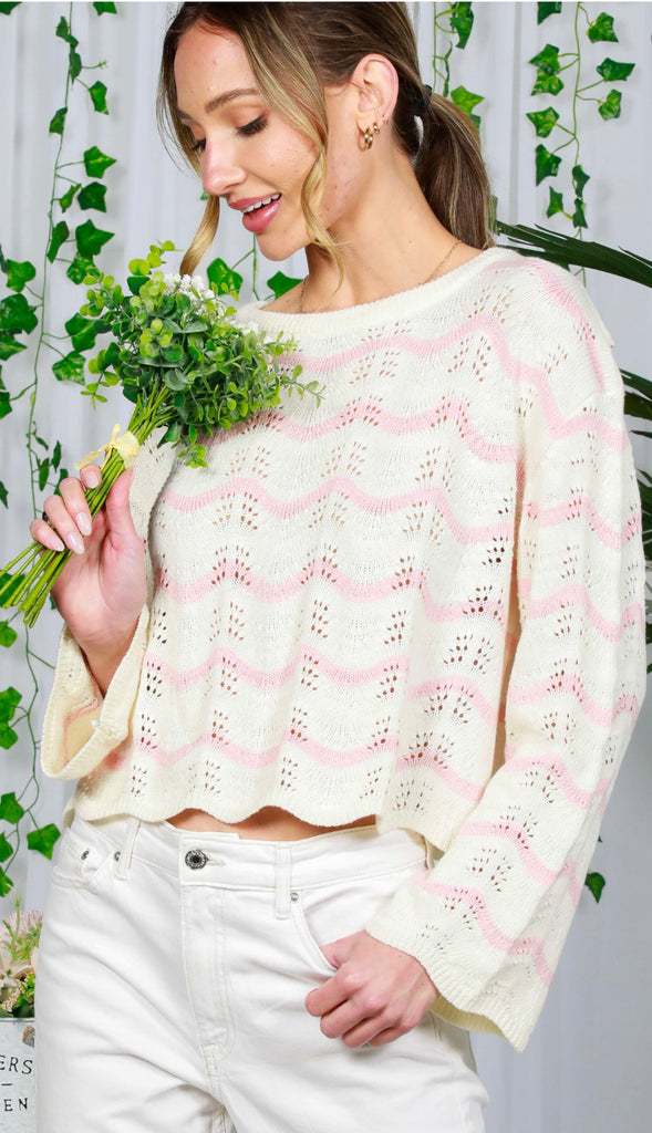 Wavy Striped Lightweight Sweater- Pink