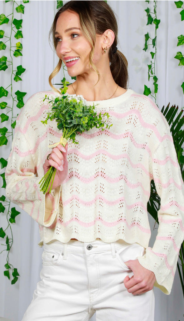 Wavy Striped Lightweight Sweater- Pink