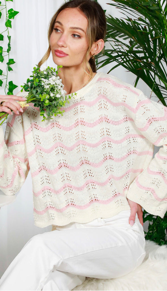 Wavy Striped Lightweight Sweater- Pink